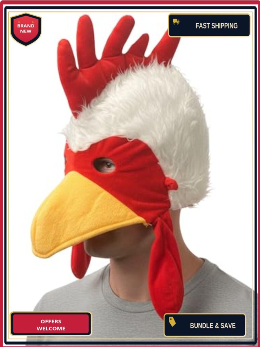 Funny Rooster Plush Head Hat Adult Costume Accessory Elastic Fit 17.5"